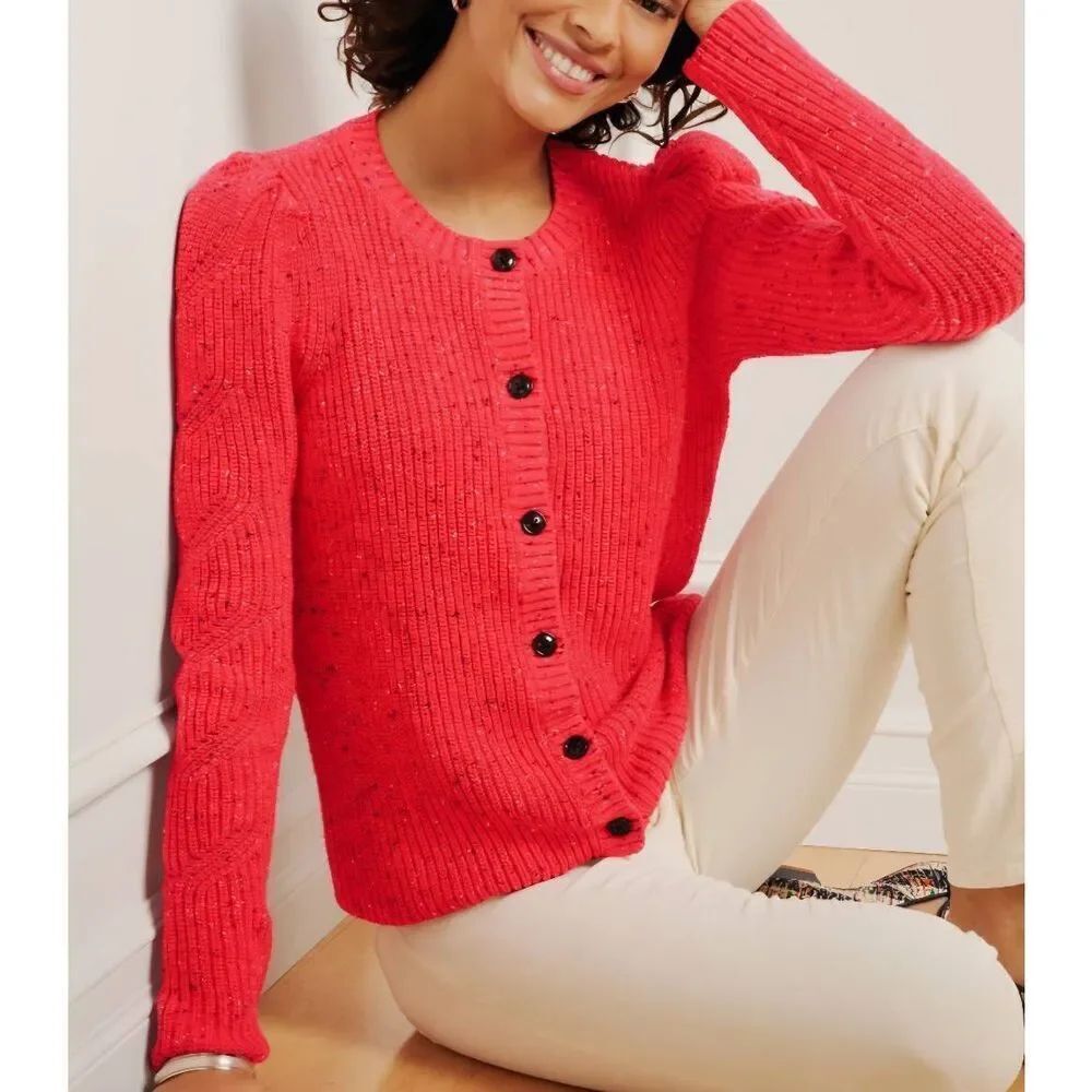 Talbots Sweater Womens XL Coral Tweed Puff Sleeve Cardigan Knit Cotton Blend
